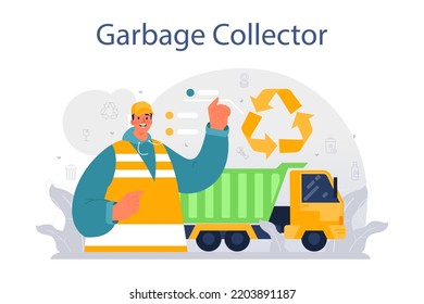 Grabage collector set. Cleaning worker emtying bin container into a garbage truck. Janitor cleaning street and sorting garbage. Flat vector illustration