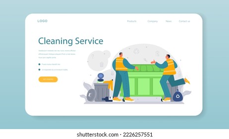 Grabage collector web banner or landing page. Cleaning worker emtying bin container into a garbage truck. Janitor cleaning street and sorting garbage. Flat vector illustration