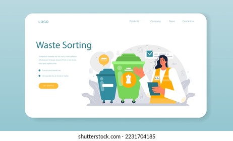 Grabage collector web banner or landing page. Cleaning worker emtying bin container into a garbage truck. Janitor cleaning street and sorting garbage. Flat vector illustration