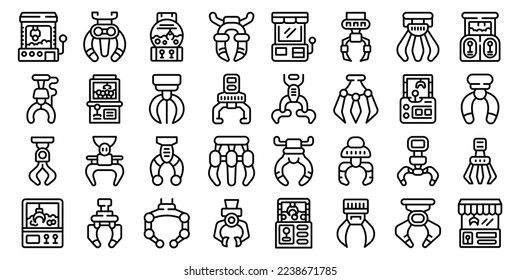 Grabber icons set outline vector. Claw crane. Game reacher