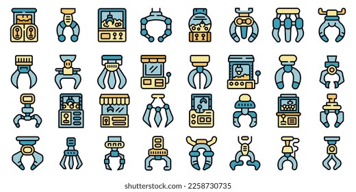 Grabber icons set outline vector. Claw crane. Game reacher color line on white isolated