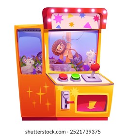 Grabber slot machine recheado com brinquedos de pelúcia e garra robótica pegou o prêmio. Vending jogo de arcade automat com braço mecânico segurar leão fofo. Vetor de desenhos animados ilustração conjunto de elementos do parque de diversões.