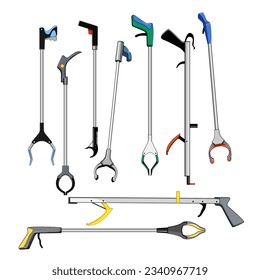 Grabber Tool Set Cartoon. Abfall Hand, Stock-Gerät, Ausrüstung Greifer-Werkzeug Zeichen. einzelne Vektorgrafik-Vektorgrafik