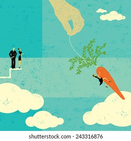 Grabbing the Carrot People watching as a businesswoman takes a chance and jumps for the dangling carrot. The people, hand,and carrot are on a separate labeled layer from the background.