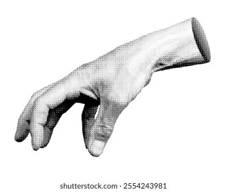 Grabbing, gripping, catching, down gesture, hand sign isolated on white background. Halftone dotted retro style vector