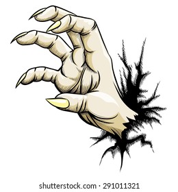 Grabbing hand with claws raised out of fracture. Hand draw style. Isolated on white background