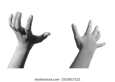 Grabbing, holding, catching and reaching out gestures. Kids Kids childs hands holding, capturing isolated on white background. Halftone dotted retro style vector