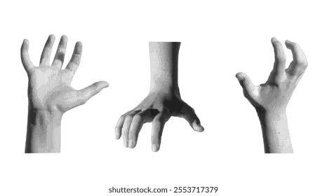 Grabbing, holding, catching and taking gesture set. Kids childs hands with something, holding product isolated on white background. Halftone dotted retro style vector