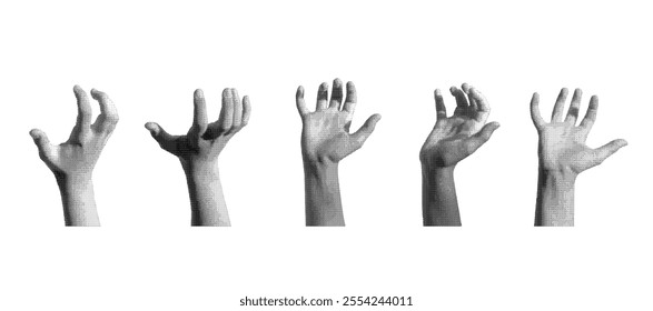 Grabbing, holding, catching and taking gesture set. Kids hands with something, holding product isolated on white background. Halftone dotted retro style vector