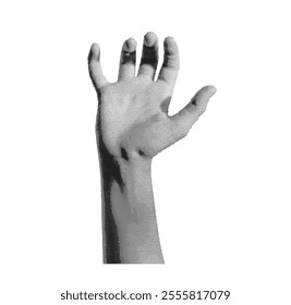 Grabbing, holding, catching and taking, kids gesture. Childs hand with something invisible, holding product isolated on white background. Halftone dotted retro style vector