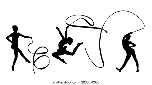 Grace ballet dancer girl vector silhouette figure performance isolated on white background. Gymnastic flexible woman in leotard. Rhythmic Gymnastics lady with ribbon. Athlete woman in gym exercise.