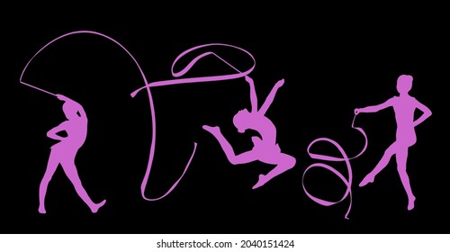 Grace ballet dancer girl vector silhouette figure performance isolated on black background. Gymnastic flexible woman in leotard. Rhythmic Gymnastics lady with ribbon. Athlete woman in gym exercise.