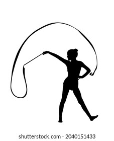 Grace ballet dancer girl vector silhouette figure performance isolated on white background. Gymnastic flexible woman in leotard. Rhythmic Gymnastics lady with ribbon. Athlete woman in gym exercise.