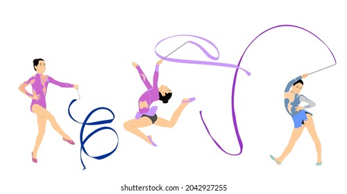 Bailarina de ballet de gracia, figura de ilustración de la niña aislada en fondo blanco. Mujer flexible gimnástica en leotardo. Gimnasia rítmica dama con cinta. Mujer deportista en ejercicio de gimnasia.