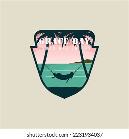 diseño de icono gráfico de la plantilla de ilustración del emblema del vector de la playa de la bahía de gracia. bandera de la isla de turcos y caicos y etiqueta de placa de señas con chica en hamaca para viajes de negocios o vacaciones concepto