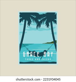 grace bay beach vector poster illustration template graphic design. turks and caicos island banner and sign with girl in hammock for business travel or vacation concept