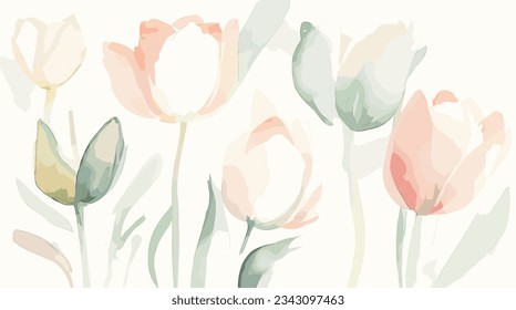 Grace Designs mit Aquarellfarben-Tulpen: weiche Tulpenillustrationen in sanften Tönen auf Weiß. Perfekt für künstlerische Projekte, Ausdrucke, Dekoration. Bearbeitbar, anpassbar.