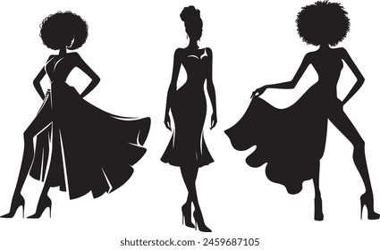  the grace and elegance of African American women in this silhouette collection. With curly hair and stylish attire, these women strike festive poses, exuding confidence and beauty.