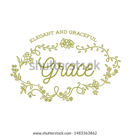 Grace - Elegant and Graceful. Decorative set of Personal Name and Meaning with floral wreath. Vector Isolated Graphic design elements and illustration. Flowers, script, lettering, calligraphy.