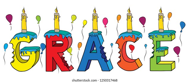 Grace female first name bitten colorful 3d lettering birthday cake with candles and balloons.