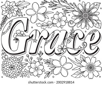 Grace font with flower element for Valentine's day or Love Cards. Hand drawn with inspiration word. Coloring for adult and kids. Vector Illustration.
