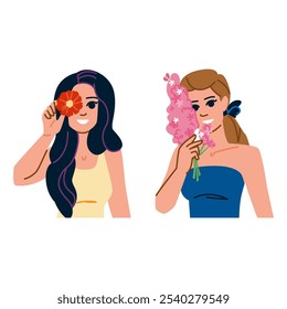 grace holding flower woman  vector.  beauty elegance, serenity pose, nature petals grace holding flower woman character. people flat cartoon illustration