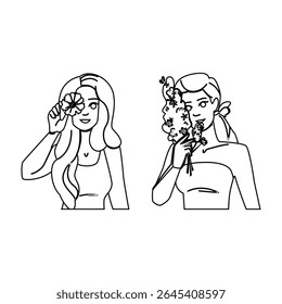 grace holding flower woman vector. beauty elegance, serenity pose, nature petals grace holding flower woman character. people black line pencil drawing illustration