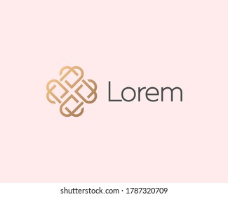 Graceful abstract gold cross of four hearts flower icon logo design template. Universal creative premium gradient line symbol vector sign mark logotype