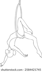 Graceful aerialist performs on a suspended hoop, displaying balance, strength, and flexibility. This minimalist line art vector illustration represents aerial acrobatics, circus arts, fitness