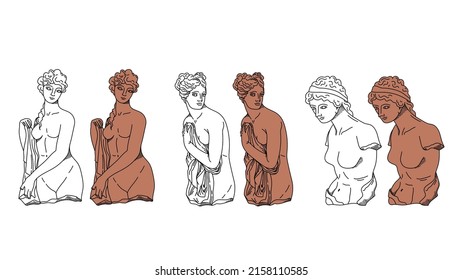 Graciosas estatuas griegas antiguas de una diosa y esculturas de ninfa, blanco negro vectorial y terracota de figuras femeninas, cuerpos de mujeres dibujadas a mano aislados de arte de video