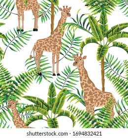 Graceful animal giraffe on illustration in jungle of exotic green palm trees and fern leaves. Seamless vector tropical pattern on white background. Beach design wallpaper.