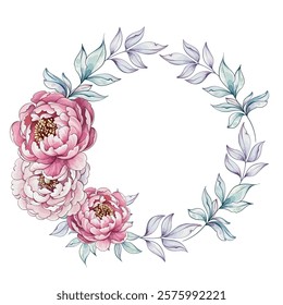 A graceful arrangement of beautifully painted peonies and fine green leaves forms a stunning floral wreath with a soft color palette template, background, frame