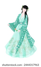 graceful asian young girl in traditional costume hanfu holding flower