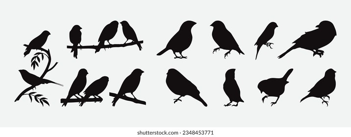 Graceful Avian Forms, A Collection of Silhouette Finches in Various Poses for Creative Projects