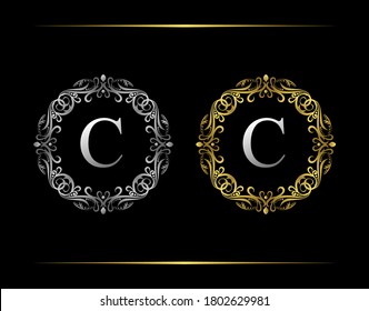 Graceful Badge C Letter Logo. Luxury emblem with beautiful classy floral ornament. Vintage Frame design Vector illustration.