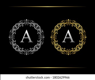Graceful Badge A Letter Logo. Luxury emblem with beautiful classy floral ornament. Vintage Frame design Vector illustration.