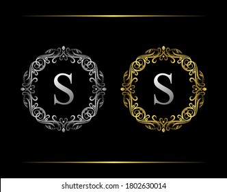 Graceful Badge S Letter Logo. Luxury emblem with beautiful classy floral ornament. Vintage Frame design Vector illustration.