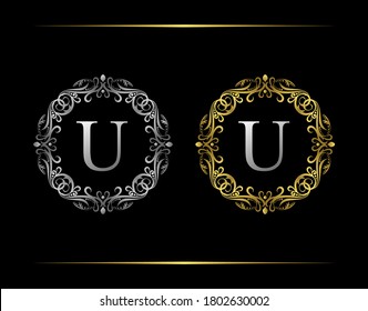 Graceful Badge U Letter Logo. Luxury emblem with beautiful classy floral ornament. Vintage Frame design Vector illustration.