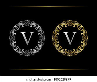 Graceful Badge V Letter Logo. Luxury emblem with beautiful classy floral ornament. Vintage Frame design Vector illustration.