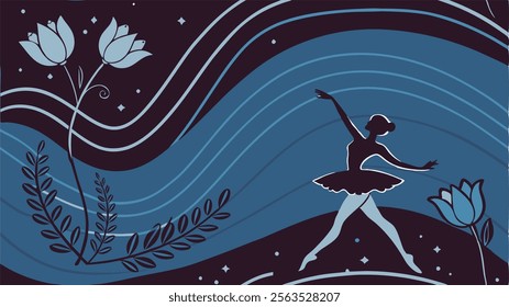 Graceful Ballerina in Abstract Floral Night Sky - elegant pose, flowing tutu, abstract flowers, fern leaves, deep blue, purple color palette, feminine energy inspired by dance, elements of nature.