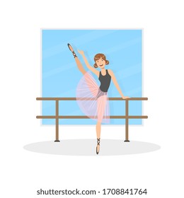 Graceful Ballerina Dancer Doing Exercises at Barre in Dance Hall Vector Illustration