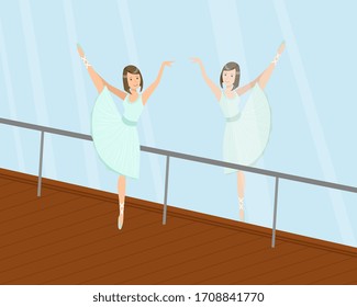 Graceful Ballerina Dancer in White Dress Doing Exercises at Barre in Dance Hall Vector Illustration