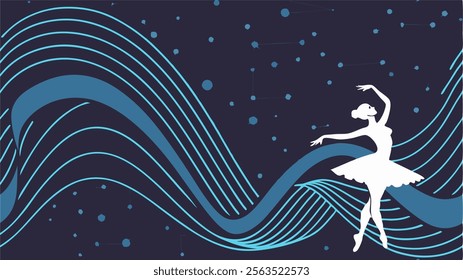 Graceful ballerina dancing against the backdrop of the starry sky -abstract art, vector illustration, minimalist design, dynamic lines, elegant composition, contemporary art, smooth motion, rhythmic .