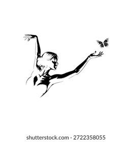 Una elegante bailarina en una pose dinámica con un brazo extendido, una delicada mariposa descansa sobre las yemas de sus dedos.
