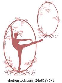 graceful ballerina girl standing en pointe inside frame decorated with sakura flower branches - ballet dance studio handdrawn vector design