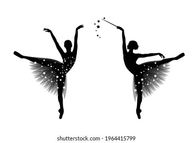 graceful ballerina girl with transparent tutu dress and magic wand standing on pointe shoes - fairy tale godmother figure vector silhouette