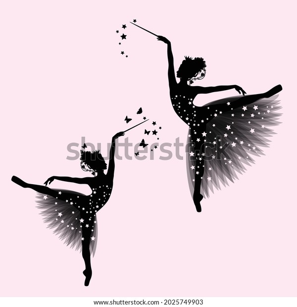 graceful ballerina girl with\
transparent tutu dress, royal crown and magic wand standing on\
pointe shoes - fairy tale godmother or princess vector\
silhouette