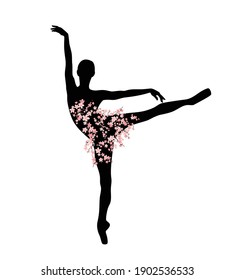 graceful ballerina girl with tutu dress made of blooming sakura branches standing on pointe shoes - slim dancer figure vector silhouette