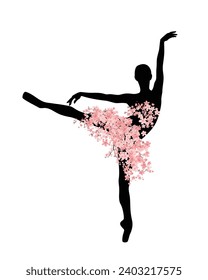 graceful ballerina girl with tutu dress made of pink blooming sakura flowers standing on pointe shoes - fantasy dancer vector silhouette