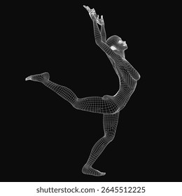 Uma bailarina graciosa em um collant atinge uma postura de dança equilibrada com braços e pernas elegantemente estendidos. Suas características faciais detalhadas mostram serenidade, olhos fechados e lábios ligeiramente separados, enquanto seu cabelo.